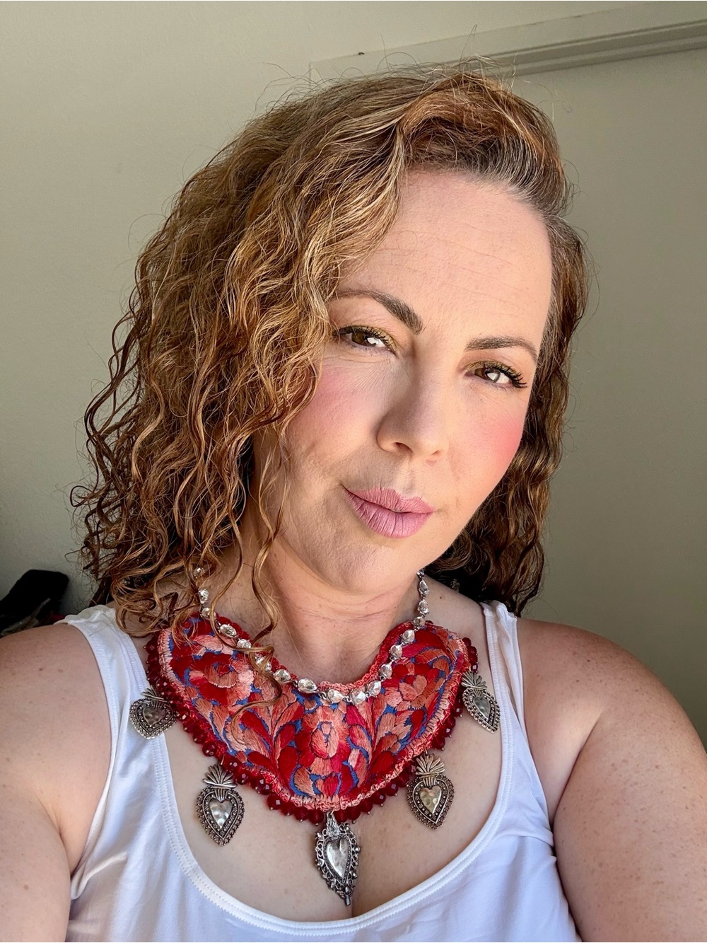 Beaded red Statement hand embroidered necklace